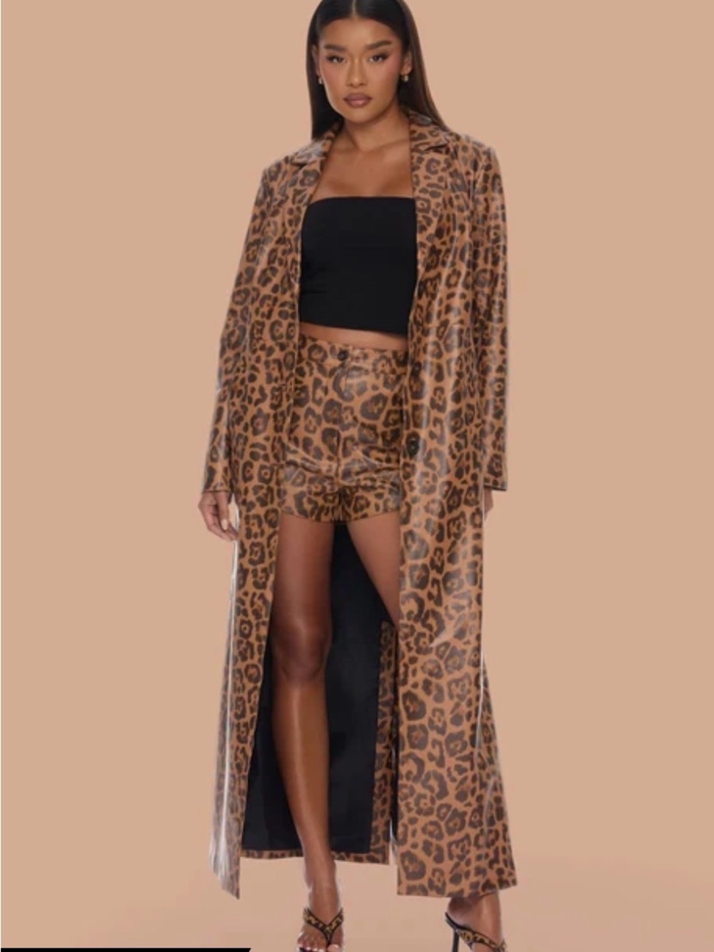 Fashion Nova Leopard Print Leather Jacket & Short Set - Brown